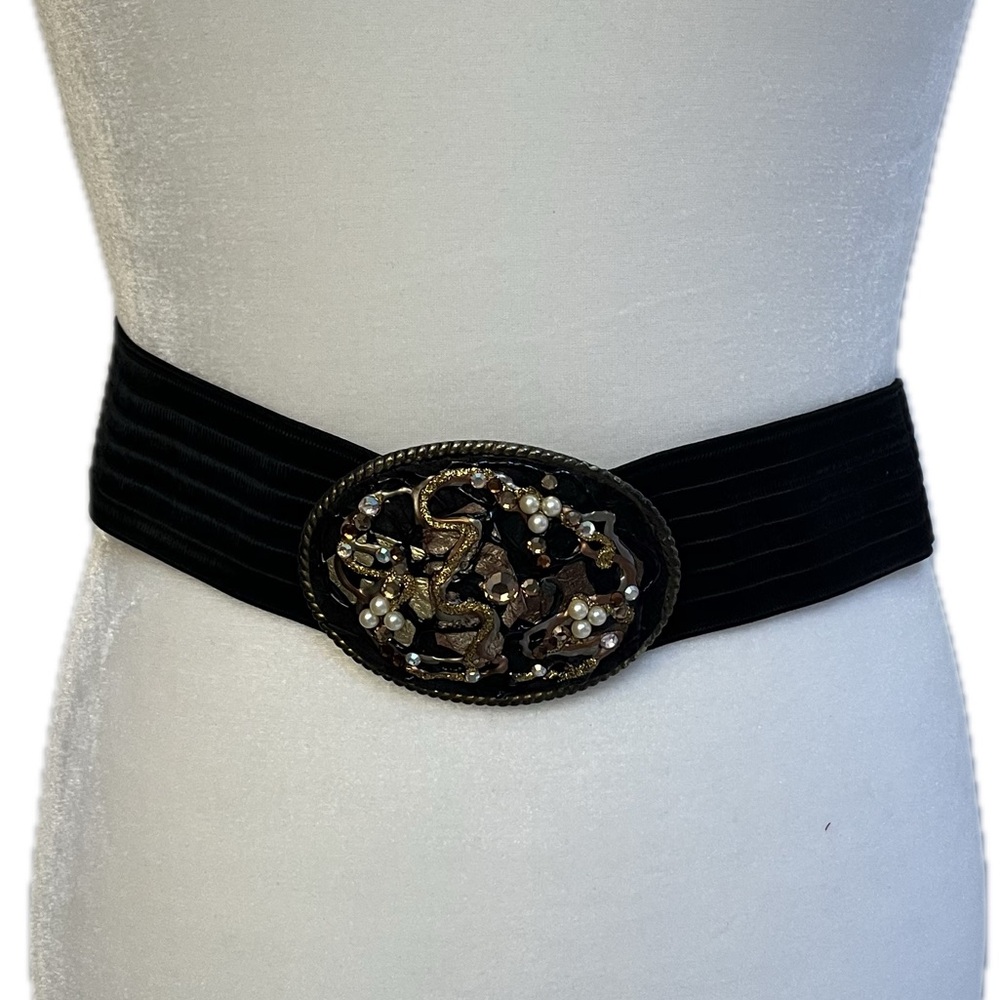 Stretchy Belt interchangeable (see desc) vtg? Decorative Oval Buckle Black Cream